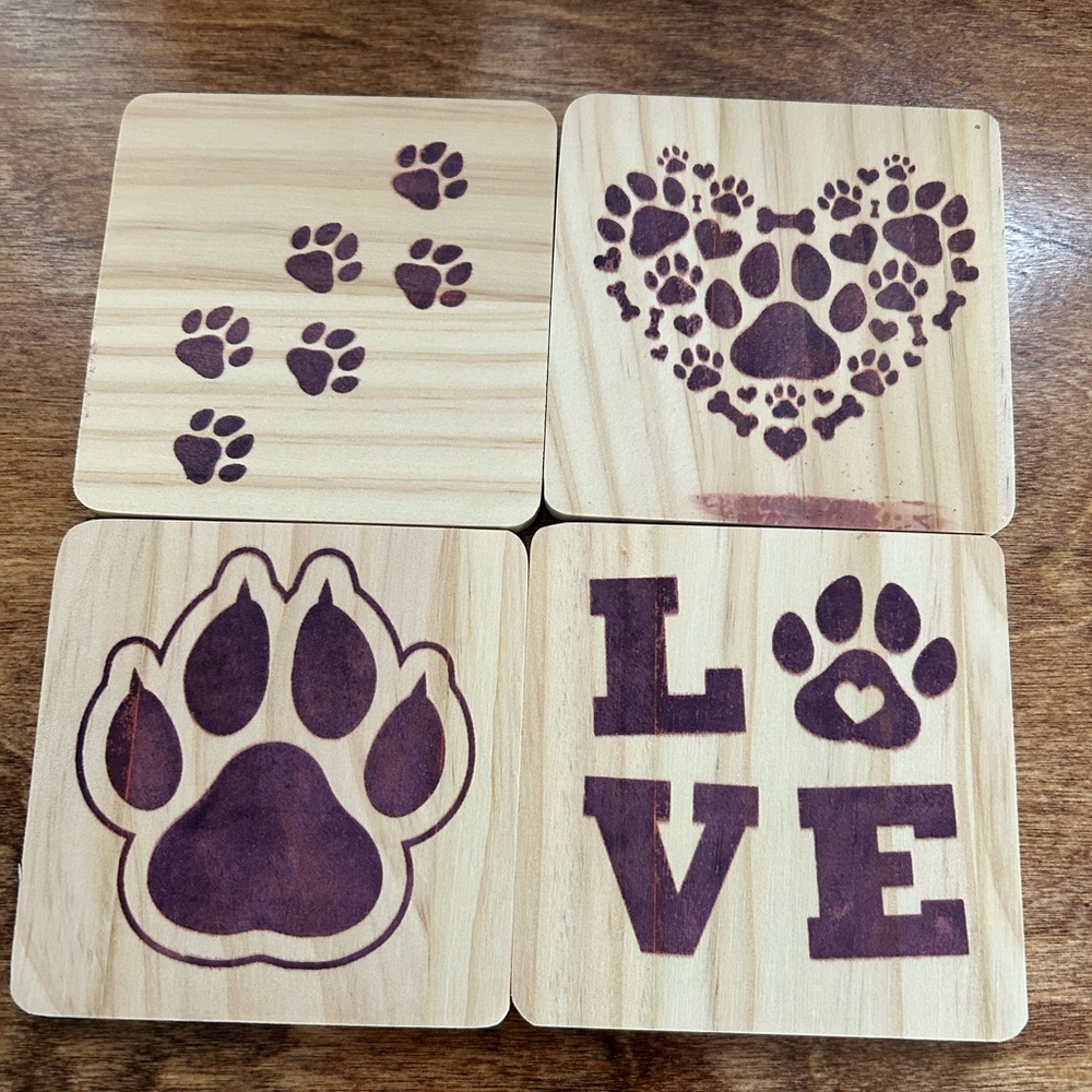 Handcrafted Wooden Coasters with Paw Print Design with holder